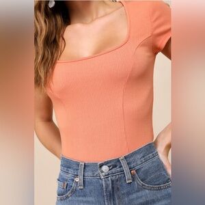 Lulus Easily Excellent Orange Ribbed Short Sleeve Top